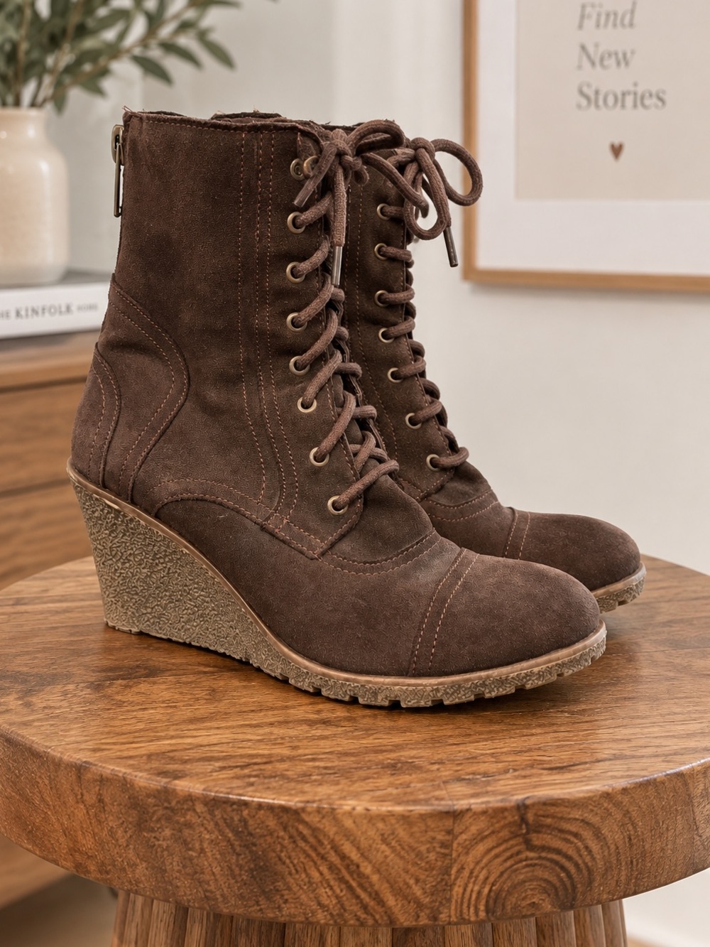 Y2K Skechers Brown Suede Wedge Combat Boots 10 2010s Indie Sleaze Moto